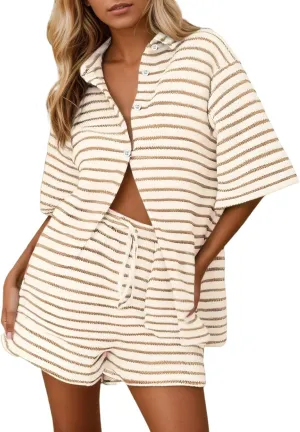 2025 Outfit Striped Sleeveless Top And Dress Cover Ups Striped Short Sleeve Button Shirts 2 Piece Short Set