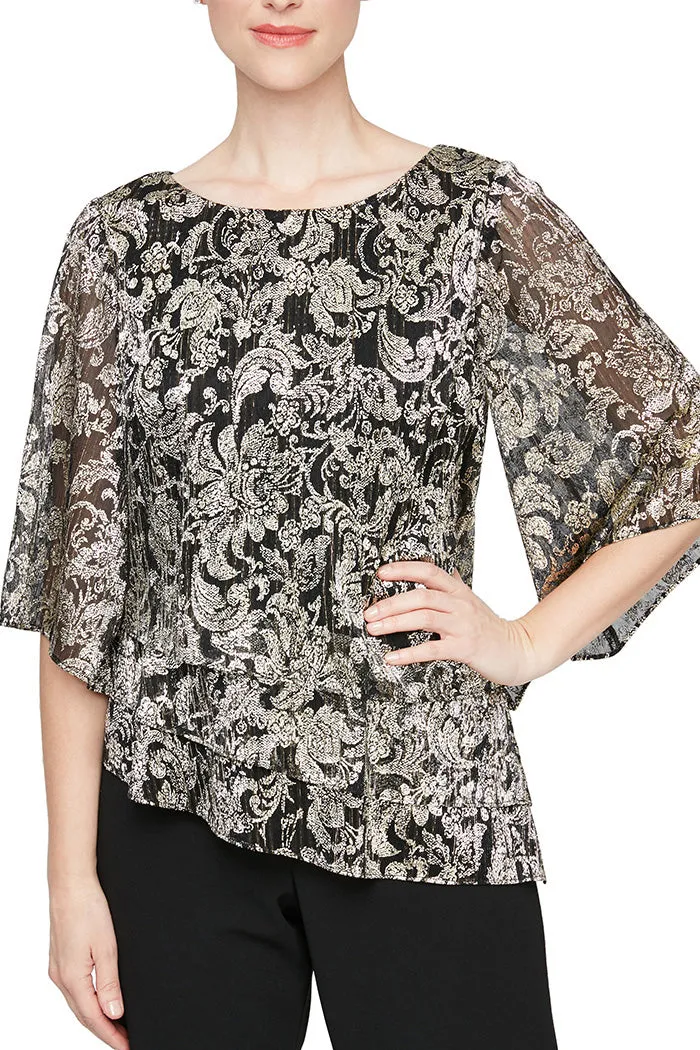 Alex Evenings 3/4 Sleeve Printed Blouse With Asymmetric Triple Tier Hem Chiffon Top