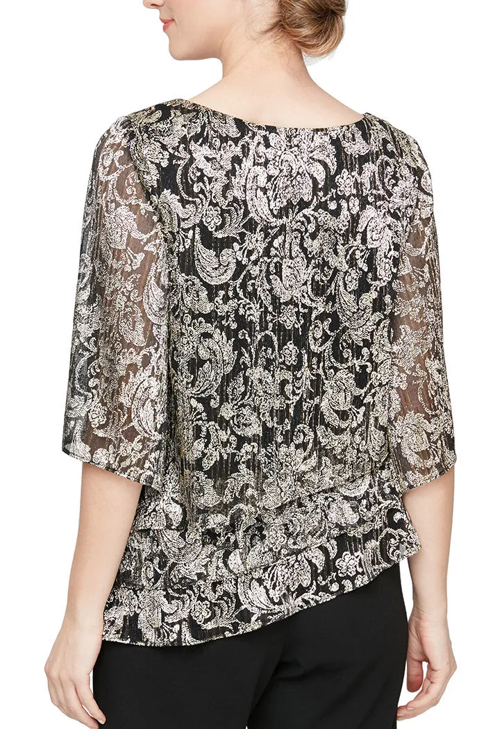 Alex Evenings 3/4 Sleeve Printed Blouse With Asymmetric Triple Tier Hem Chiffon Top