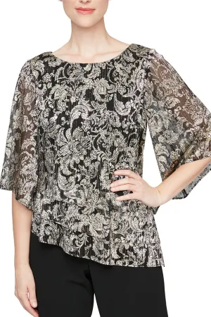 Alex Evenings 3/4 Sleeve Printed Blouse With Asymmetric Triple Tier Hem Chiffon Top