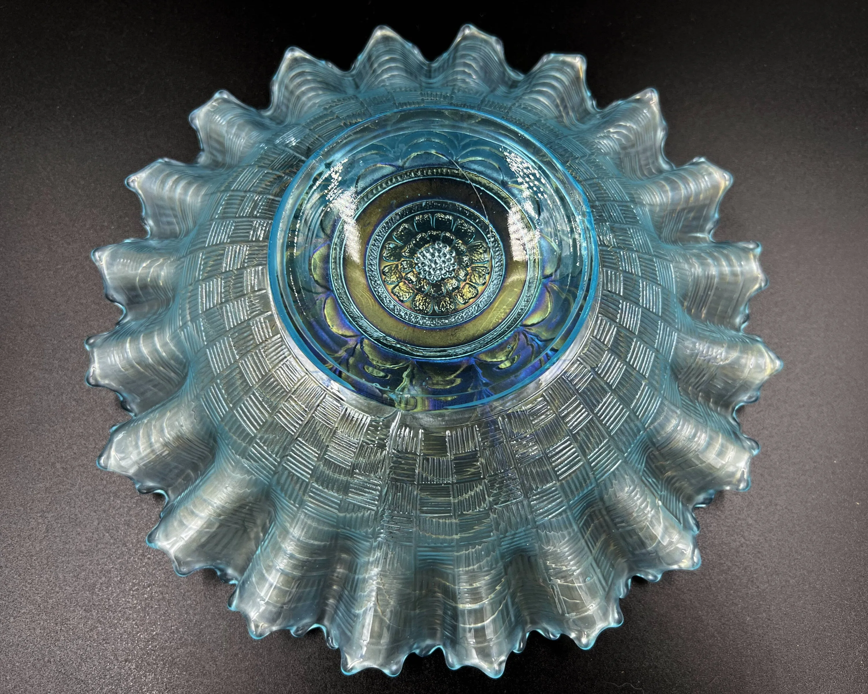 Antique Northwood Nippon Carnival Glass Bowl Ice Blue Piecrust Edge