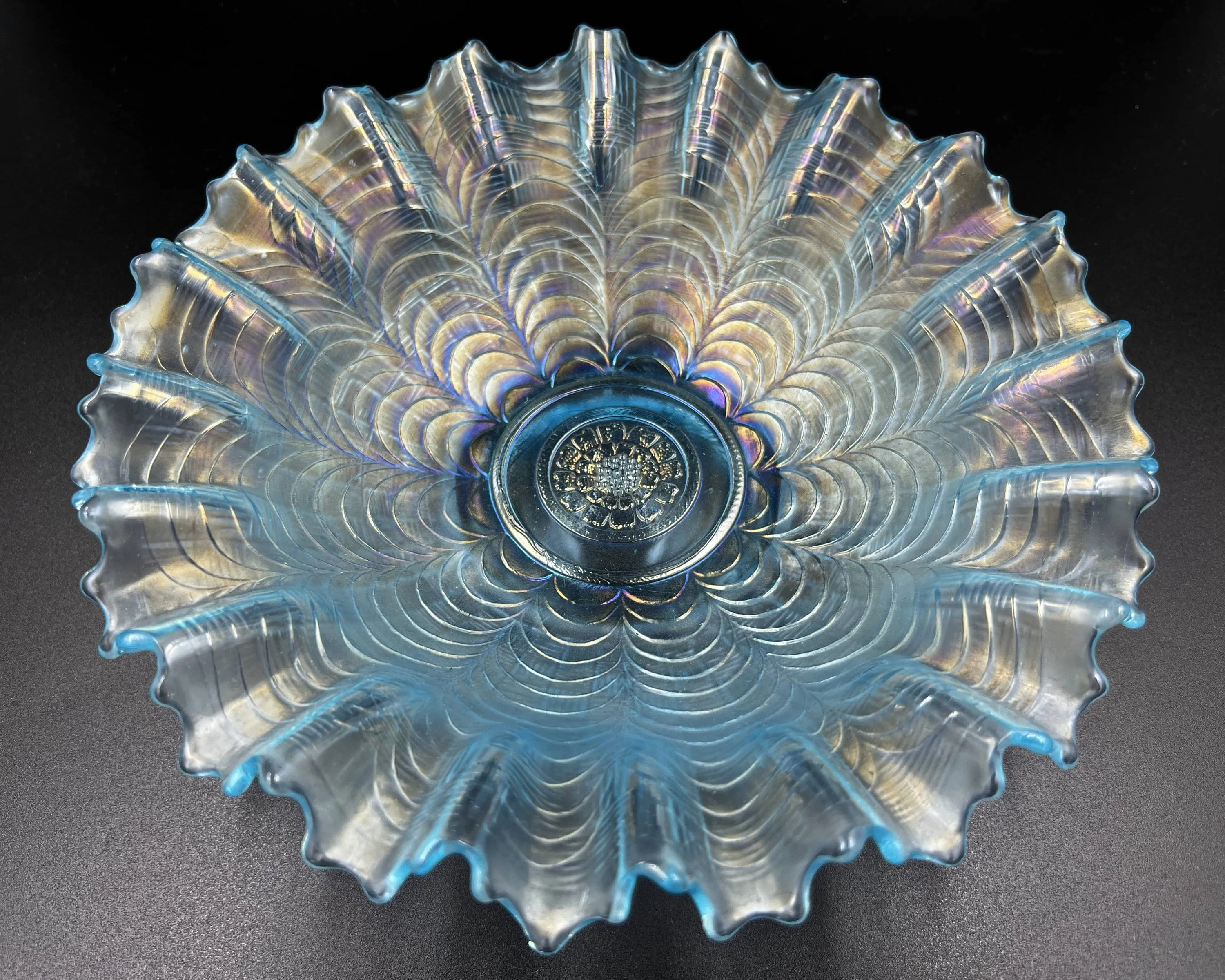 Antique Northwood Nippon Carnival Glass Bowl Ice Blue Piecrust Edge