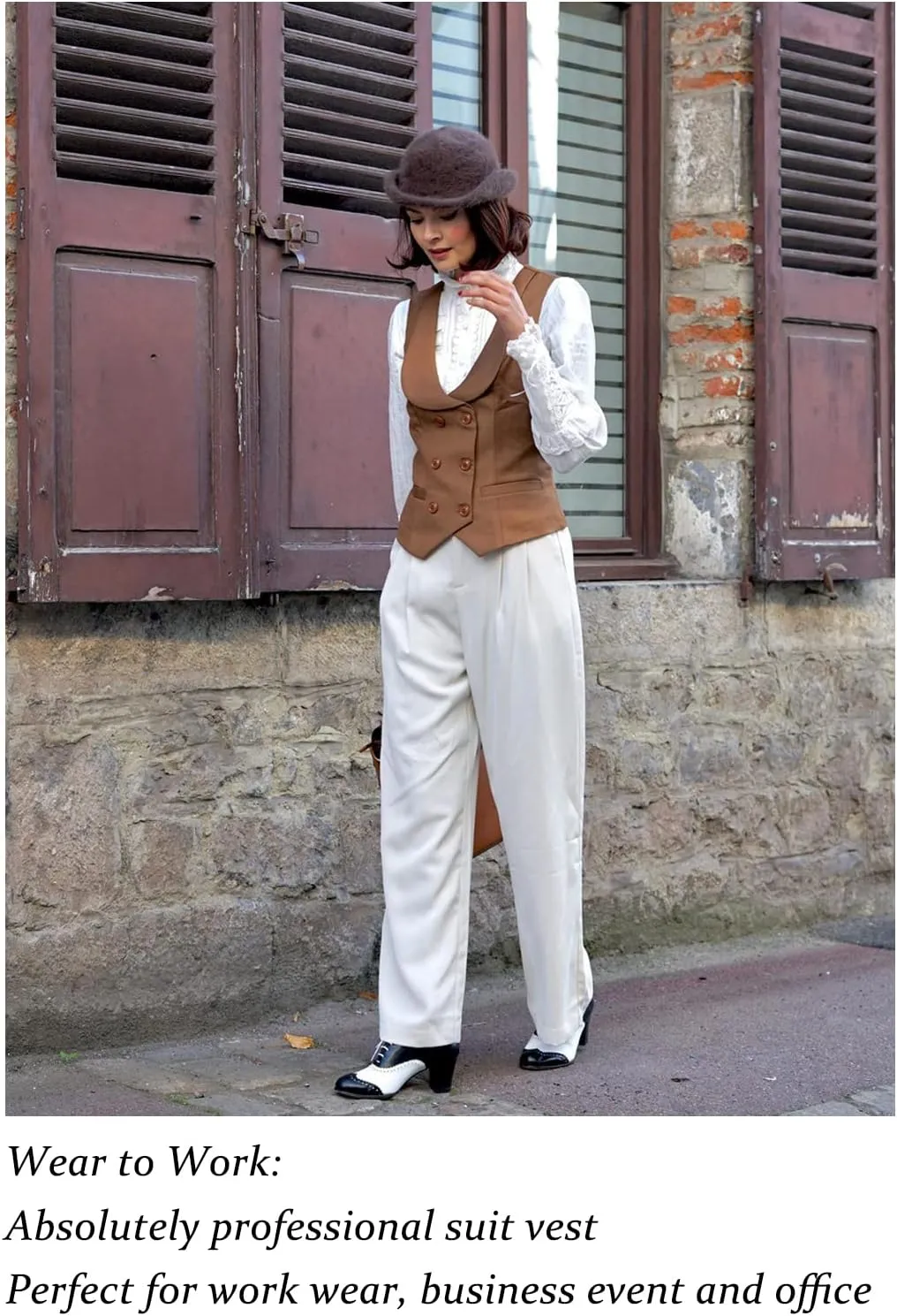 Belle Poque Women Double Breasted Waistcoat Vintage Lapel Collar Vest Coat with 2 Pockets