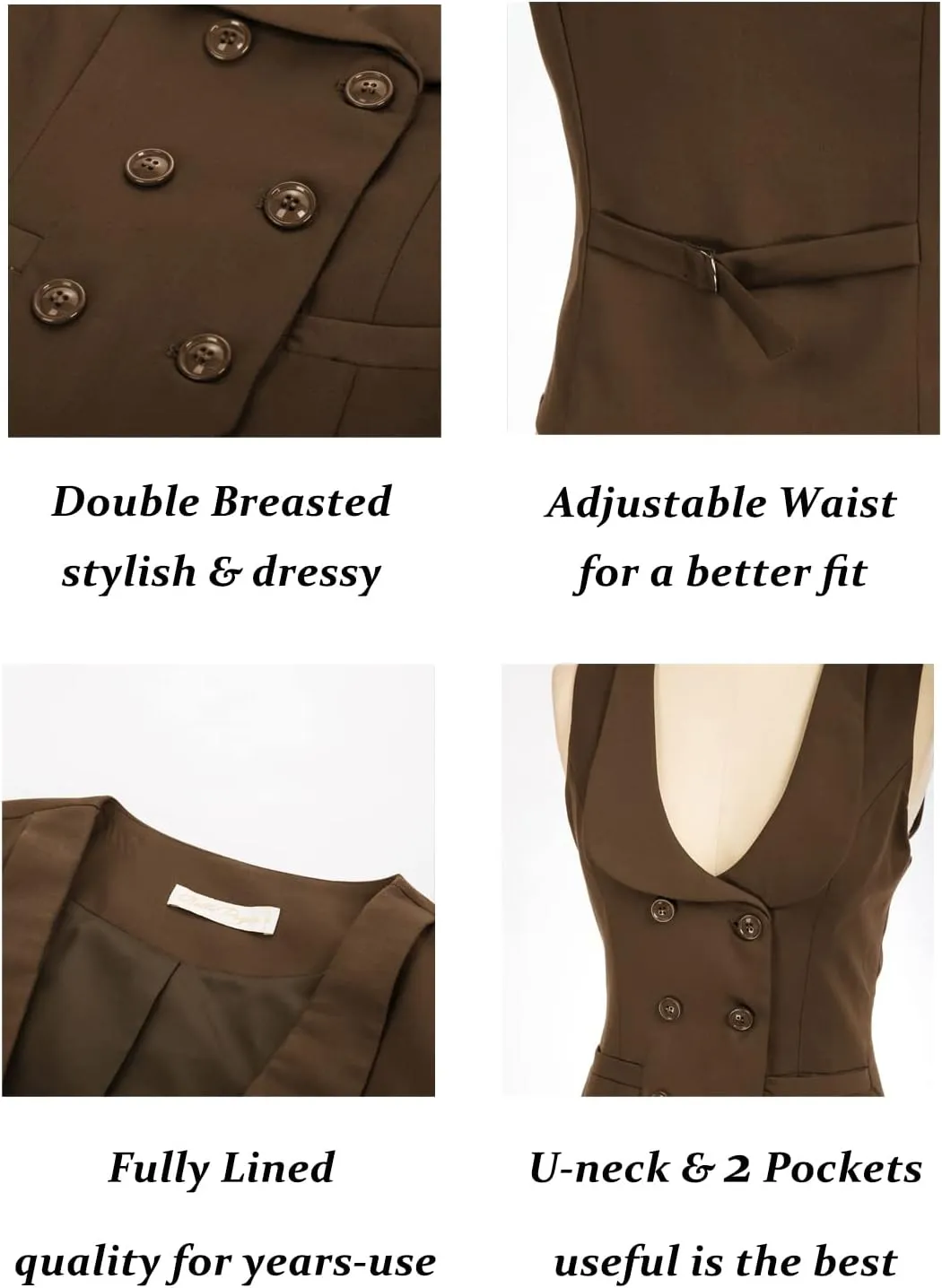 Belle Poque Women Double Breasted Waistcoat Vintage Lapel Collar Vest Coat with 2 Pockets