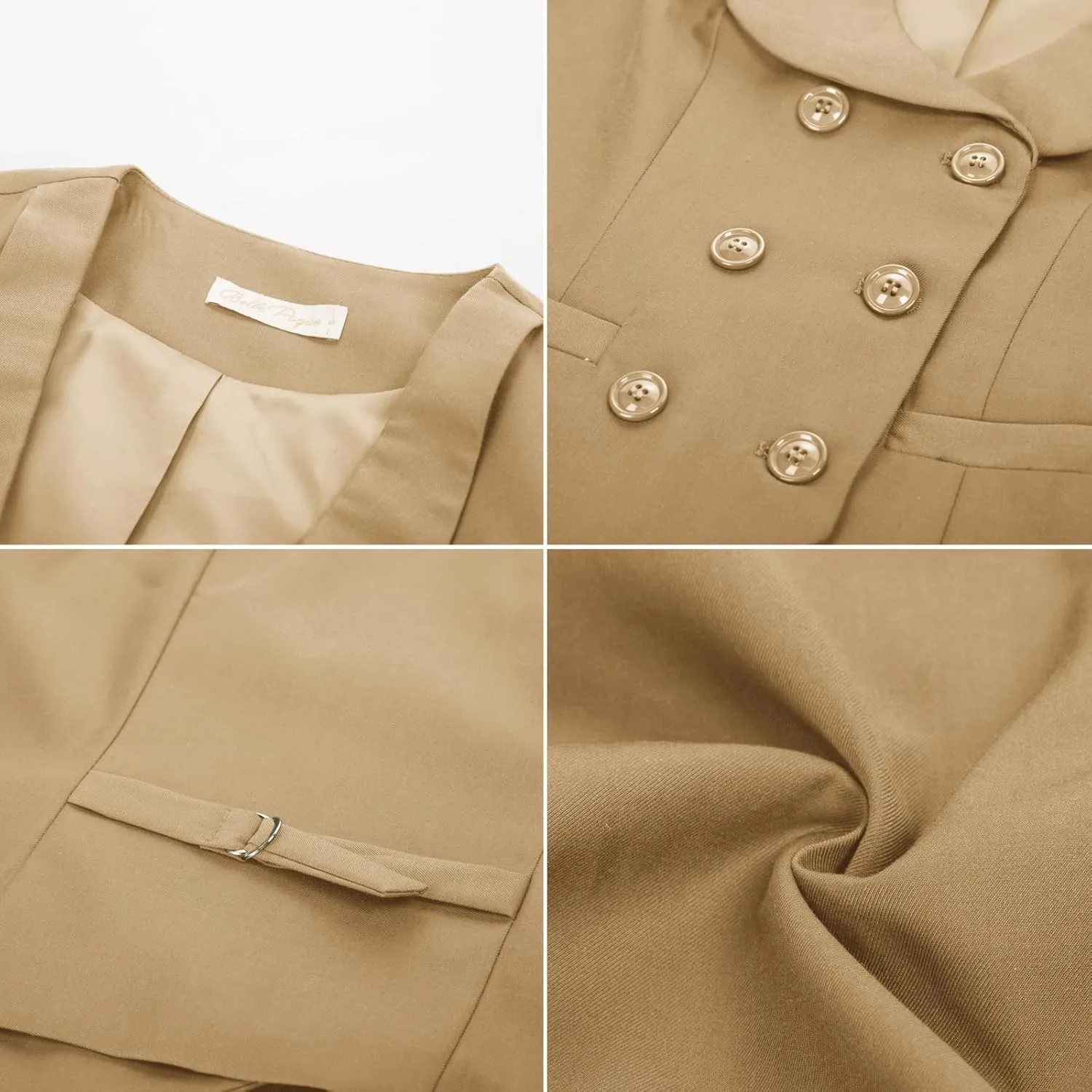 Belle Poque Women Double Breasted Waistcoat Vintage Lapel Collar Vest Coat with 2 Pockets