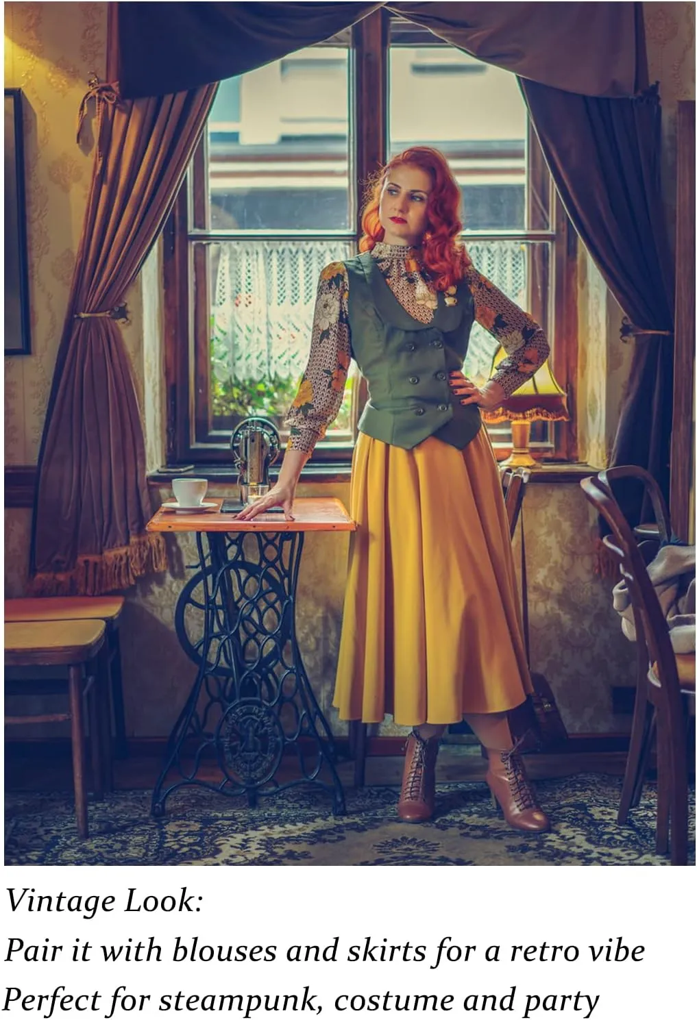 Belle Poque Women Double Breasted Waistcoat Vintage Lapel Collar Vest Coat with 2 Pockets