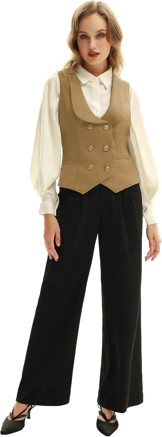 Belle Poque Women Double Breasted Waistcoat Vintage Lapel Collar Vest Coat with 2 Pockets