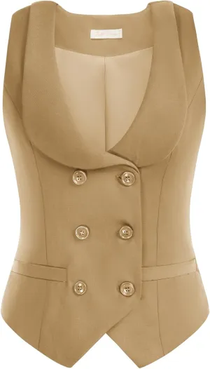 Belle Poque Women Double Breasted Waistcoat Vintage Lapel Collar Vest Coat with 2 Pockets
