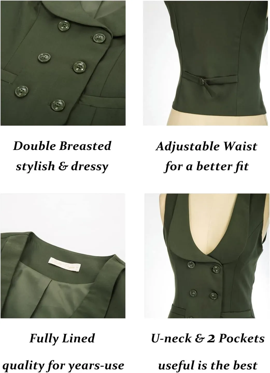 Belle Poque Women Double Breasted Waistcoat Vintage Lapel Collar Vest Coat with 2 Pockets