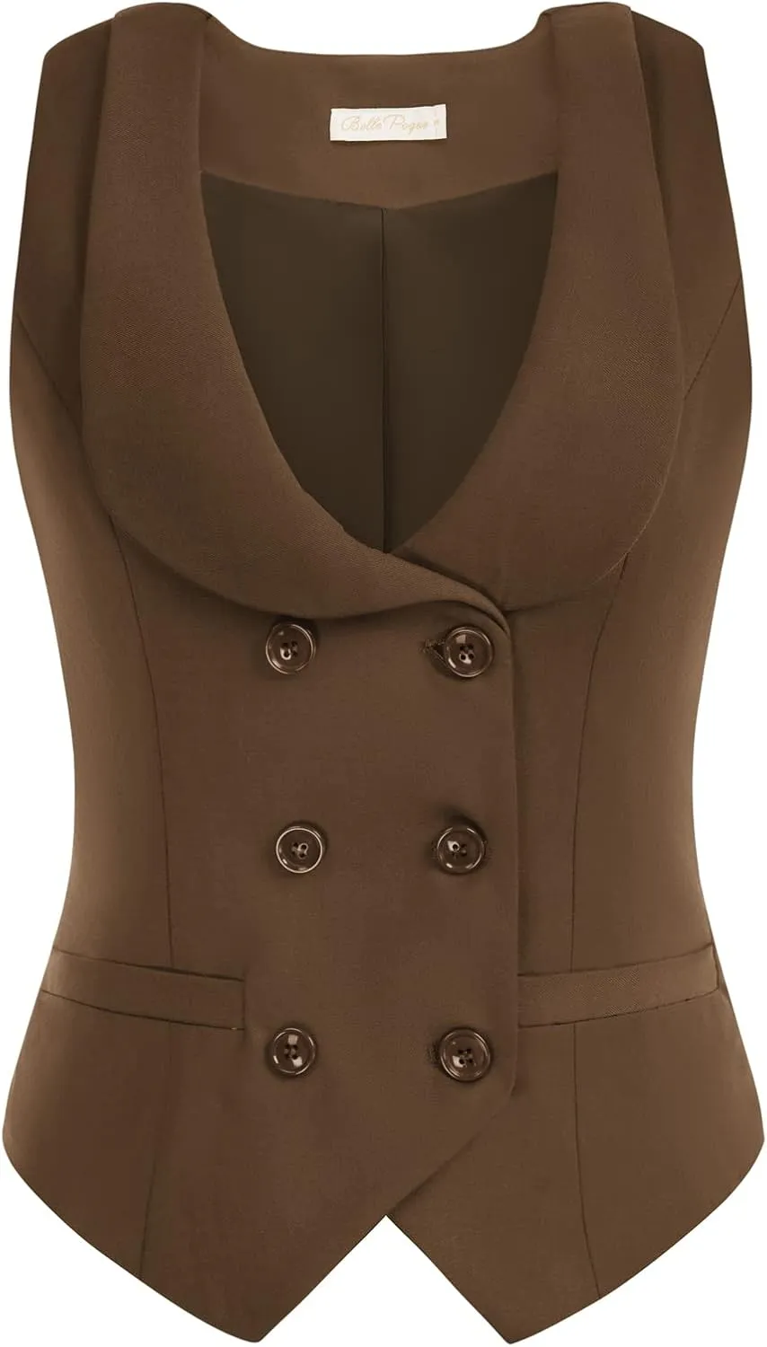 Belle Poque Women Double Breasted Waistcoat Vintage Lapel Collar Vest Coat with 2 Pockets