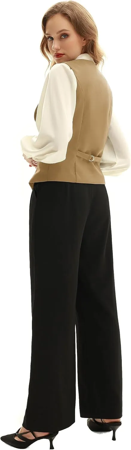 Belle Poque Women Double Breasted Waistcoat Vintage Lapel Collar Vest Coat with 2 Pockets