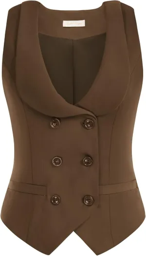 Belle Poque Women Double Breasted Waistcoat Vintage Lapel Collar Vest Coat with 2 Pockets