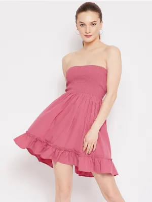 Berrylush Women Solid Pink Strapless Neck Sleeveless Crepe Smocked Fit & Flare Mini Dress