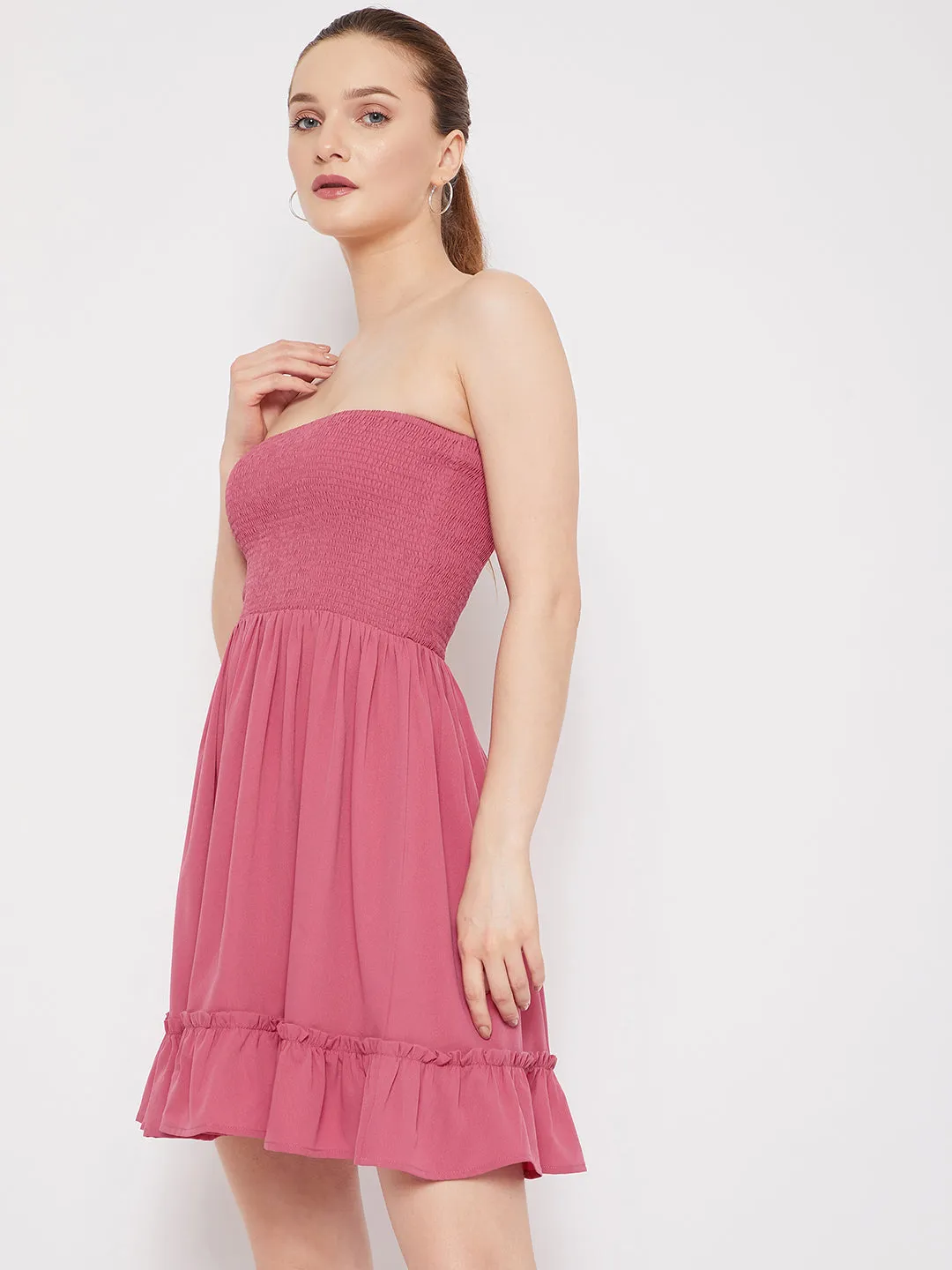 Berrylush Women Solid Pink Strapless Neck Sleeveless Crepe Smocked Fit & Flare Mini Dress