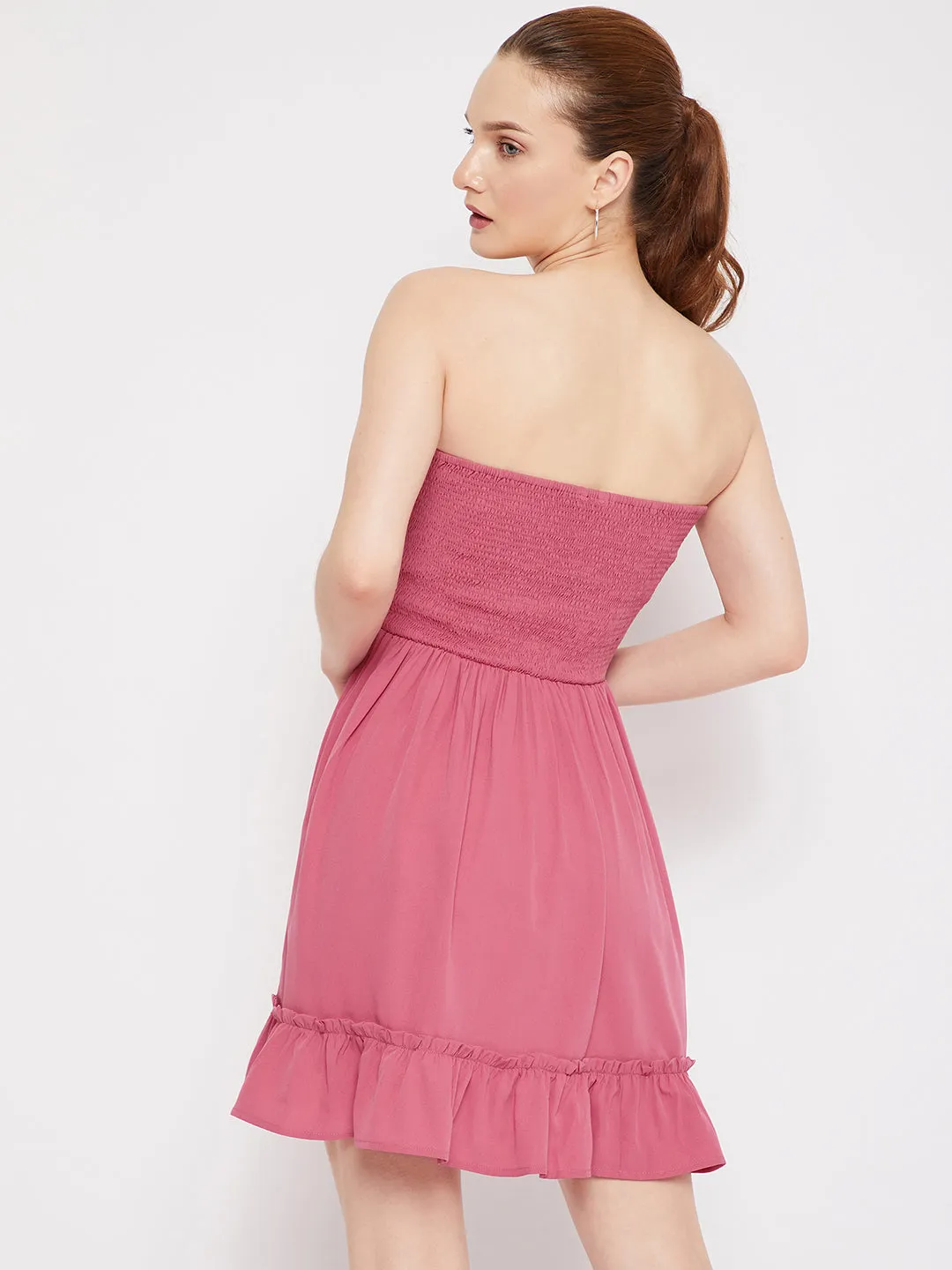 Berrylush Women Solid Pink Strapless Neck Sleeveless Crepe Smocked Fit & Flare Mini Dress