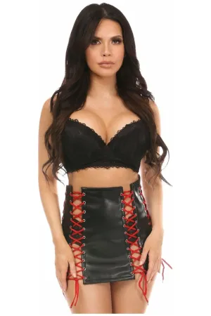 Black Faux Leather Lace-Up Skirt w/Red Lacing