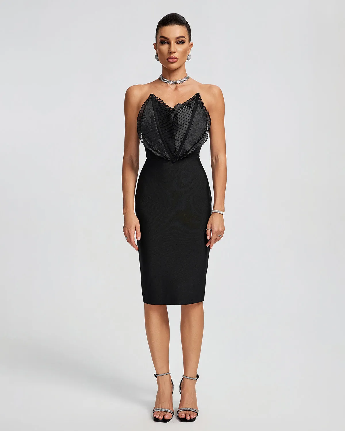 BLACK STRAPLESS LEAVES CORSET MIDI BANDAGE DRESS