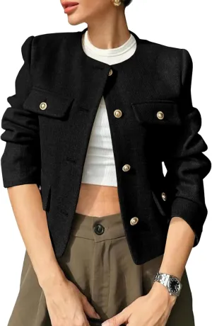 Cicy Bell Womens Cropped Tweed Blazer Jackets Collarless Button Down Business Casual Outfits with Pockets