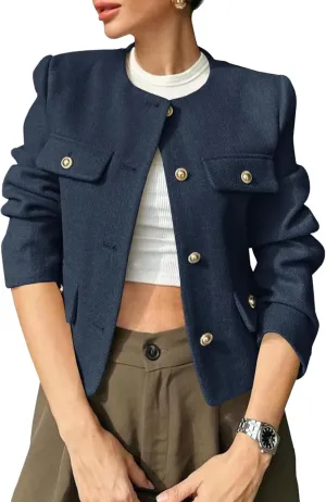 Cicy Bell Womens Cropped Tweed Blazer Jackets Collarless Button Down Business Casual Outfits with Pockets