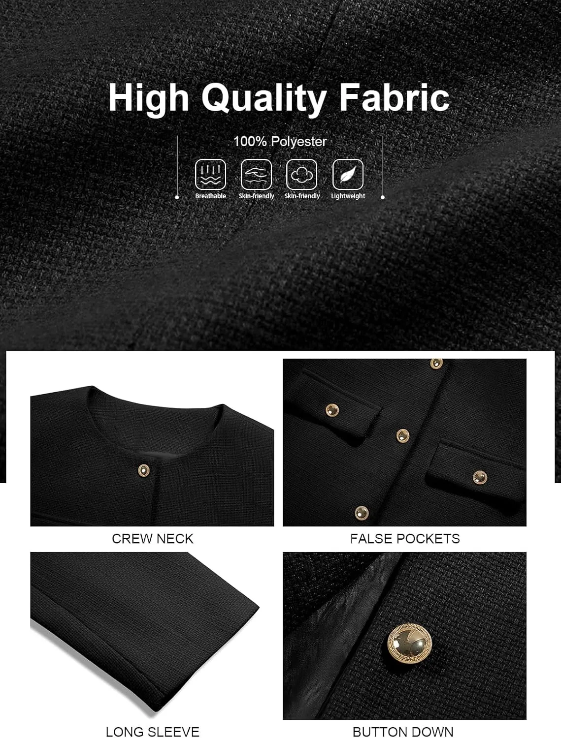 Cicy Bell Womens Cropped Tweed Blazer Jackets Collarless Button Down Business Casual Outfits with Pockets