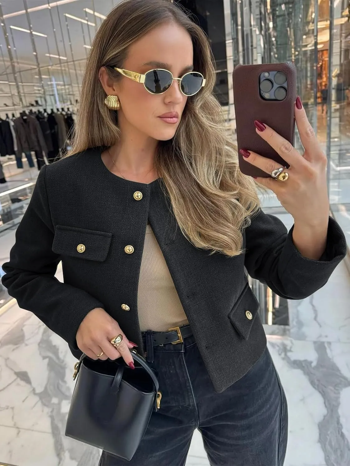 Cicy Bell Womens Cropped Tweed Blazer Jackets Collarless Button Down Business Casual Outfits with Pockets