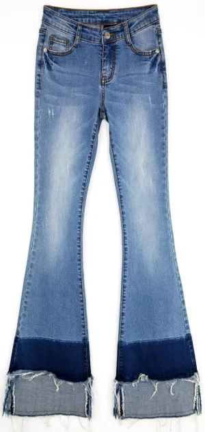 Flared & Frayed Color-Block Jeans