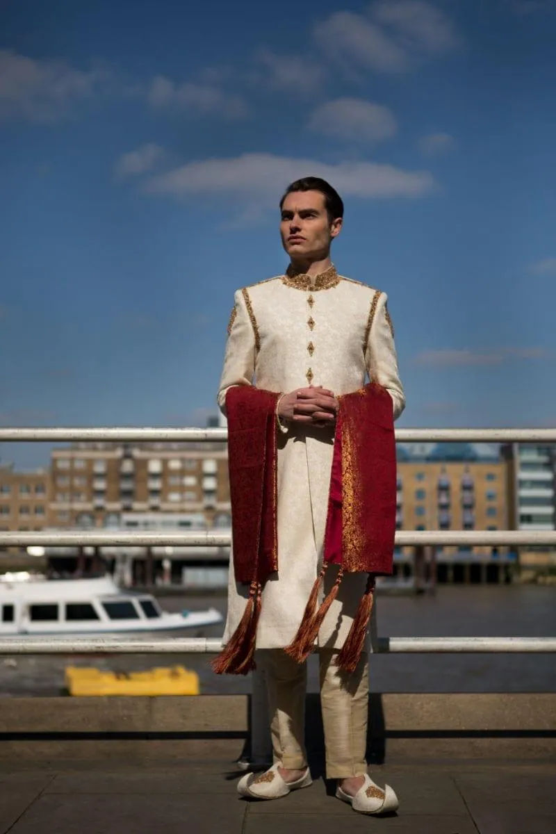GEM Garments - Farringdon - Sherwani - Off White  - 1 Piece - Jamawar Karandi