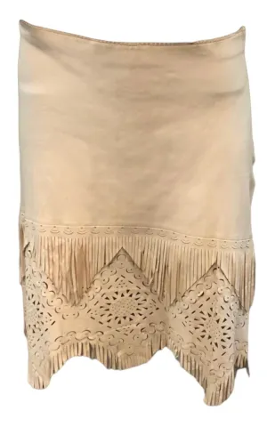 Jean Paul Gaultier Y2K Femme Butter Colored Leather Fringe Skirt with Laser Cut Outs