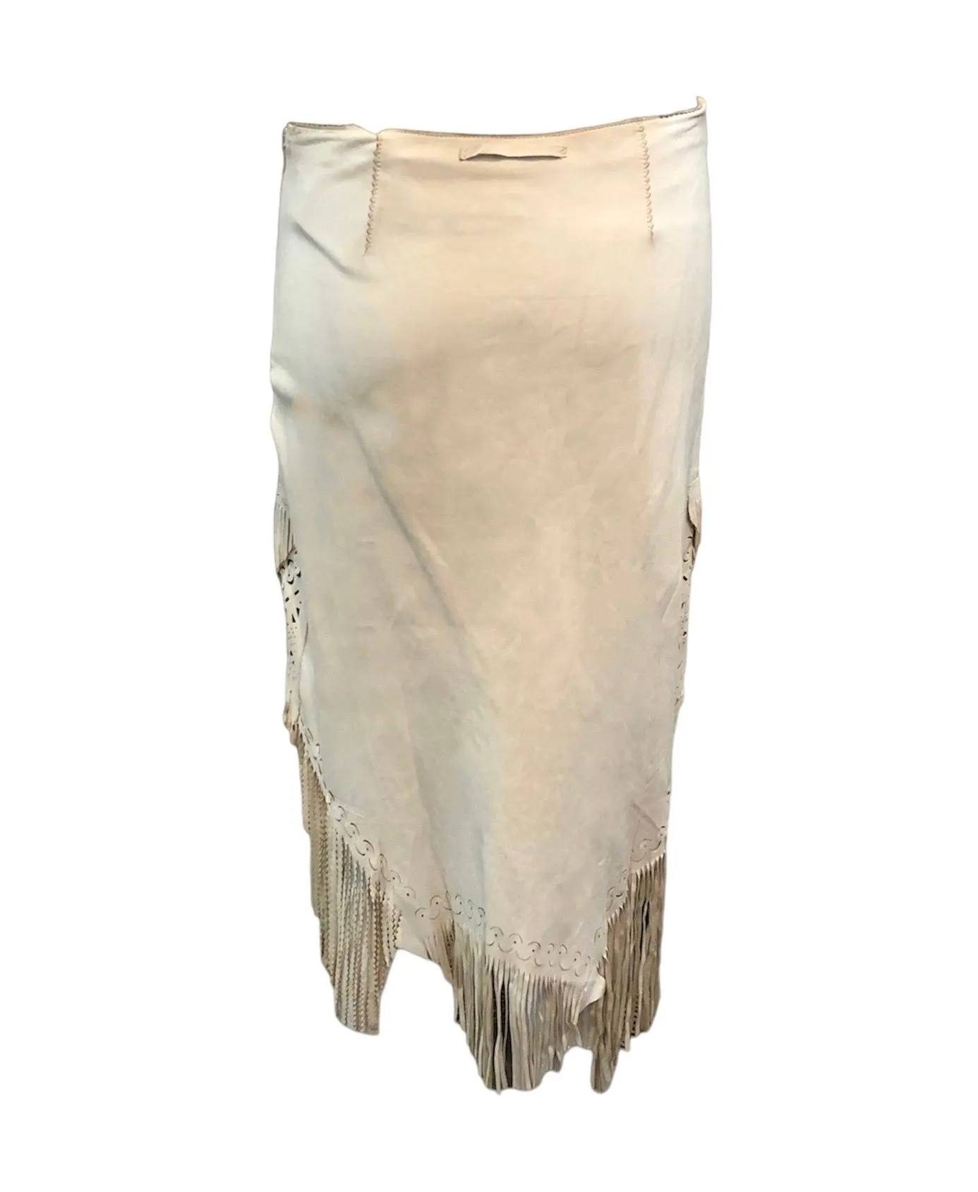 Jean Paul Gaultier Y2K Femme Butter Colored Leather Fringe Skirt with Laser Cut Outs