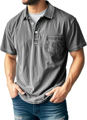 Men's Casual Polo Shirts Classic Button Basic Short Sleeve Shirt Solid Color Retro Tees Golf Stylish Tops