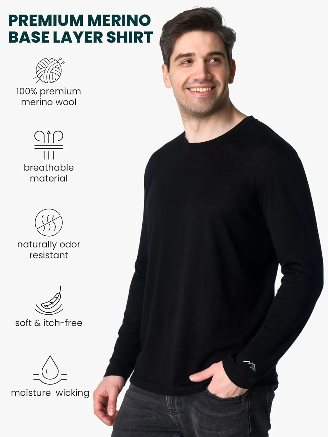 Merino Wool Base Layer Mens - 100% Merino Wool Shirts for Men Thermal Underwear Long Sleeve T-Shirt for Hiking Hunting
