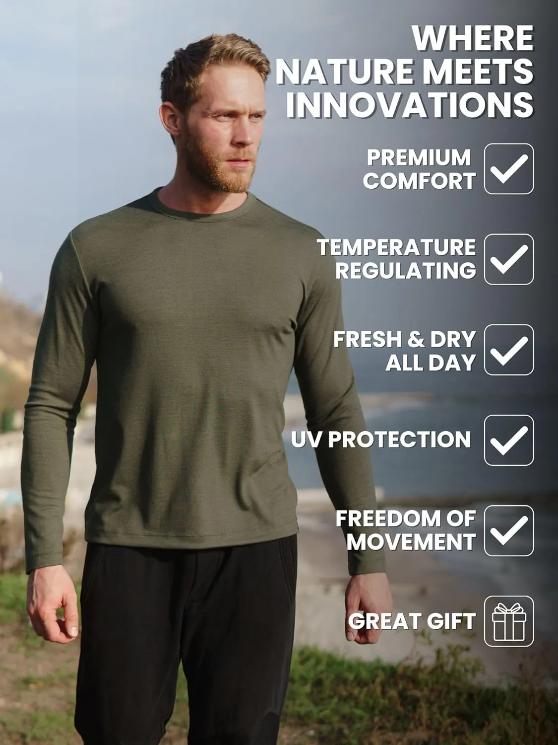 Merino Wool Base Layer Mens - 100% Merino Wool Shirts for Men Thermal Underwear Long Sleeve T-Shirt for Hiking Hunting
