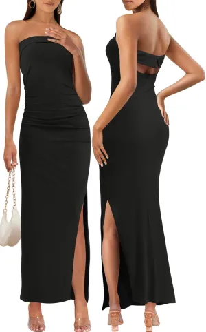 MEROKEETY Women's Strapless Bodycon Maxi Dress Sleeveless Backless Wedding Guest Cocktail Party Tube Dresses