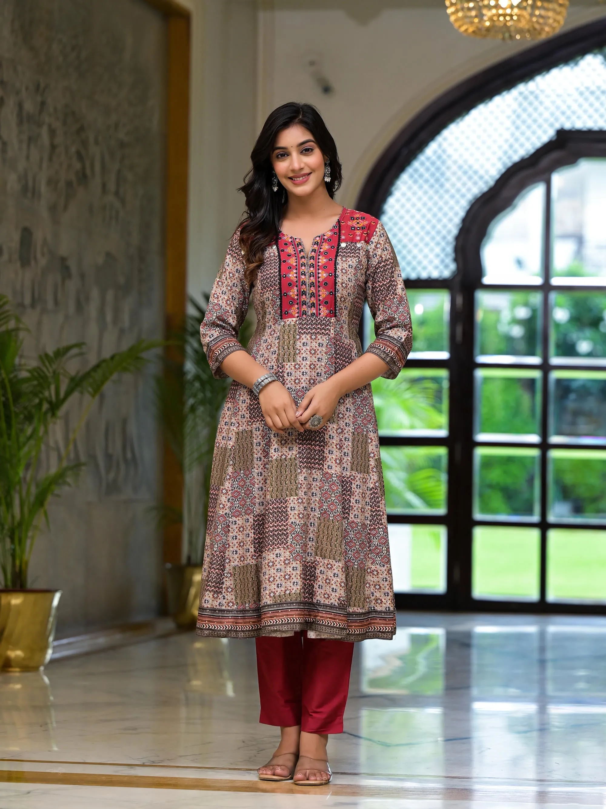 Multi Color Ethnic Motif Printed Muslin Kurta Set With Coins Thread & Mirror Work