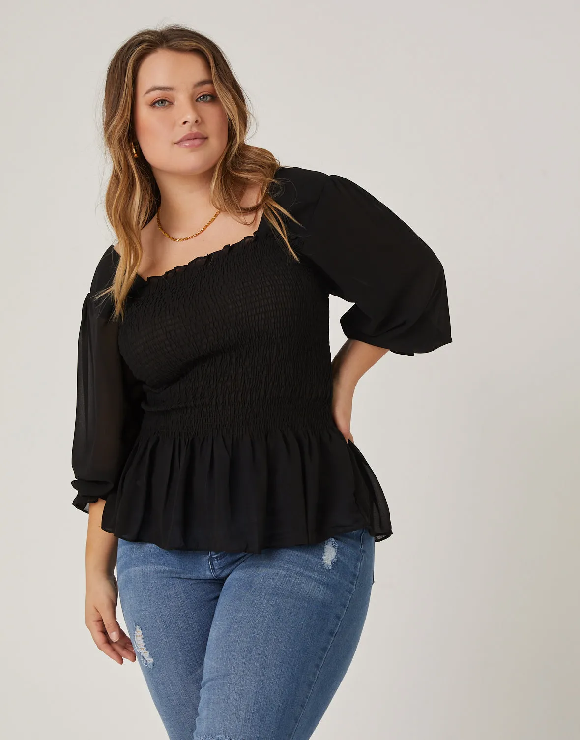 Plus Size Long Sleeve Smocked Top