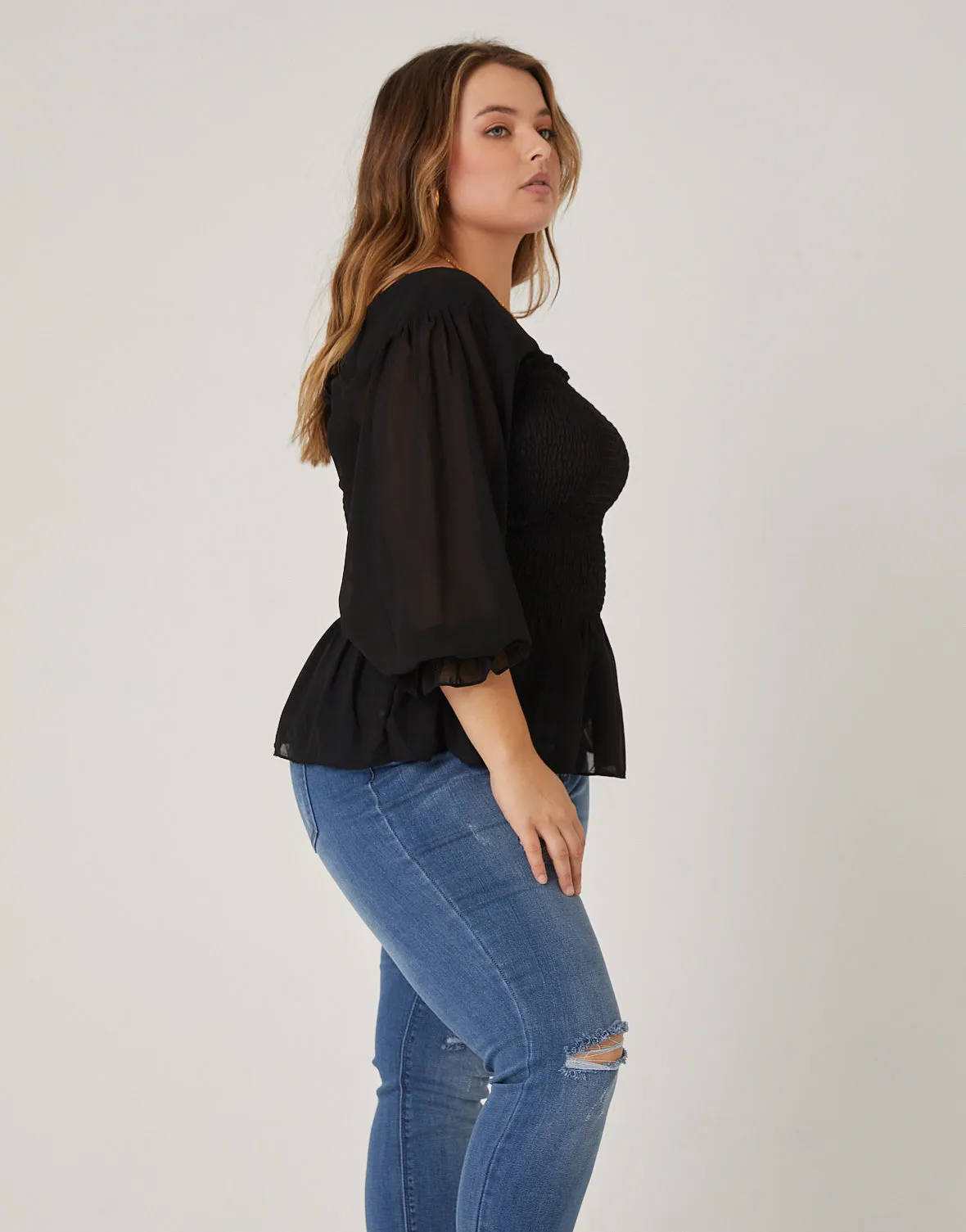 Plus Size Long Sleeve Smocked Top