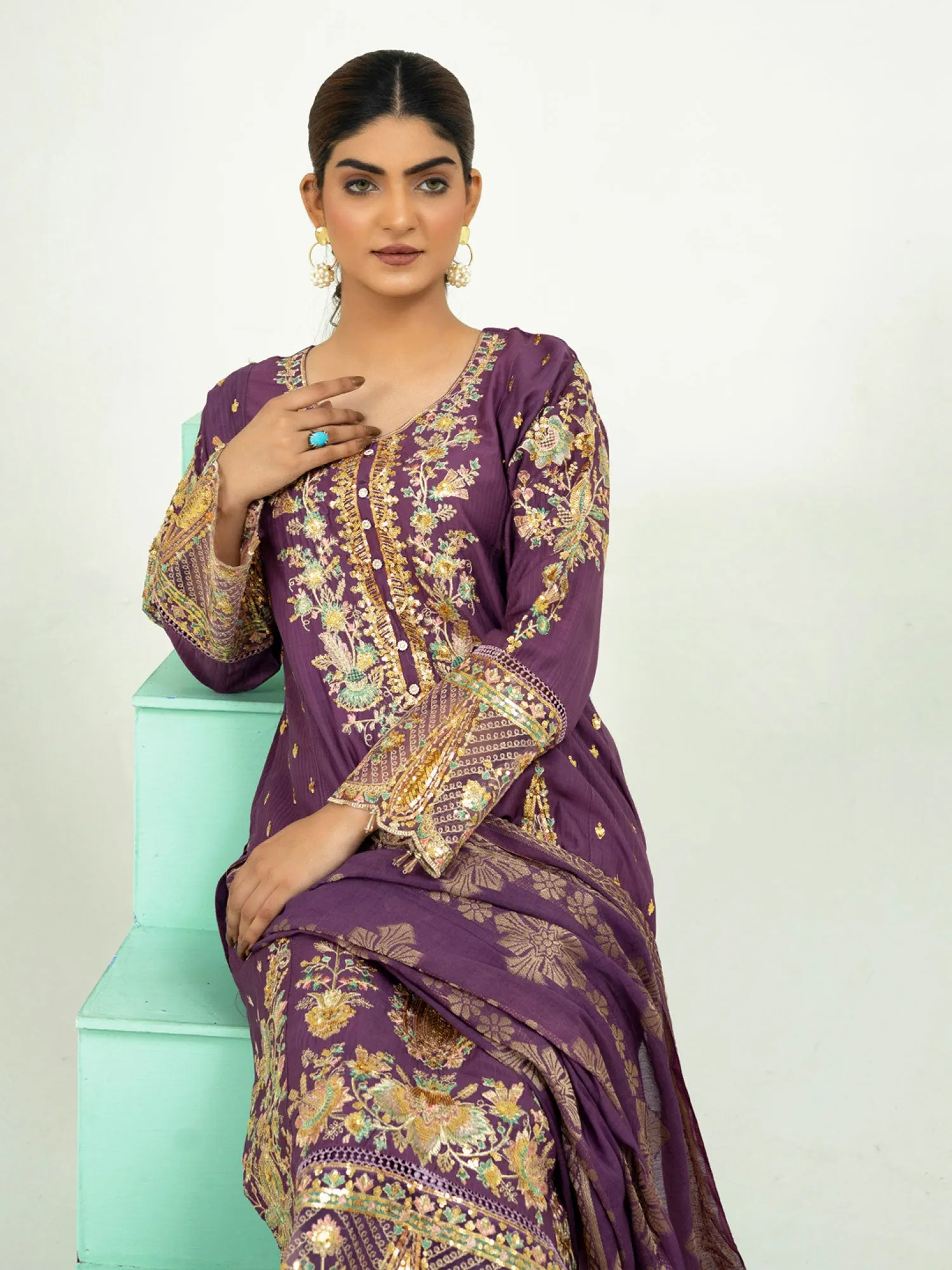 Rangz Fancy Embroidered Viscose Suit - Grape Purple