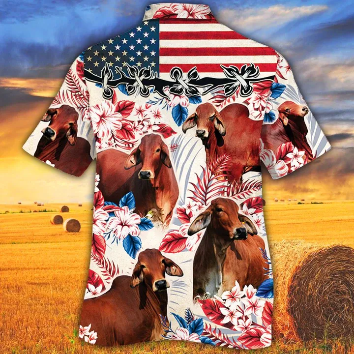 Red Brahman Cattle Lovers American Flag Hawaiian Shirt, Cow Hawaiian shirt vintage flower, Hawaiian shirt men, Hawaiian shirt women