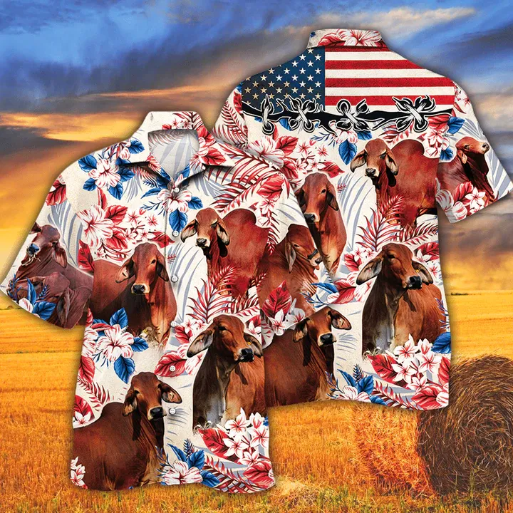 Red Brahman Cattle Lovers American Flag Hawaiian Shirt, Cow Hawaiian shirt vintage flower, Hawaiian shirt men, Hawaiian shirt women