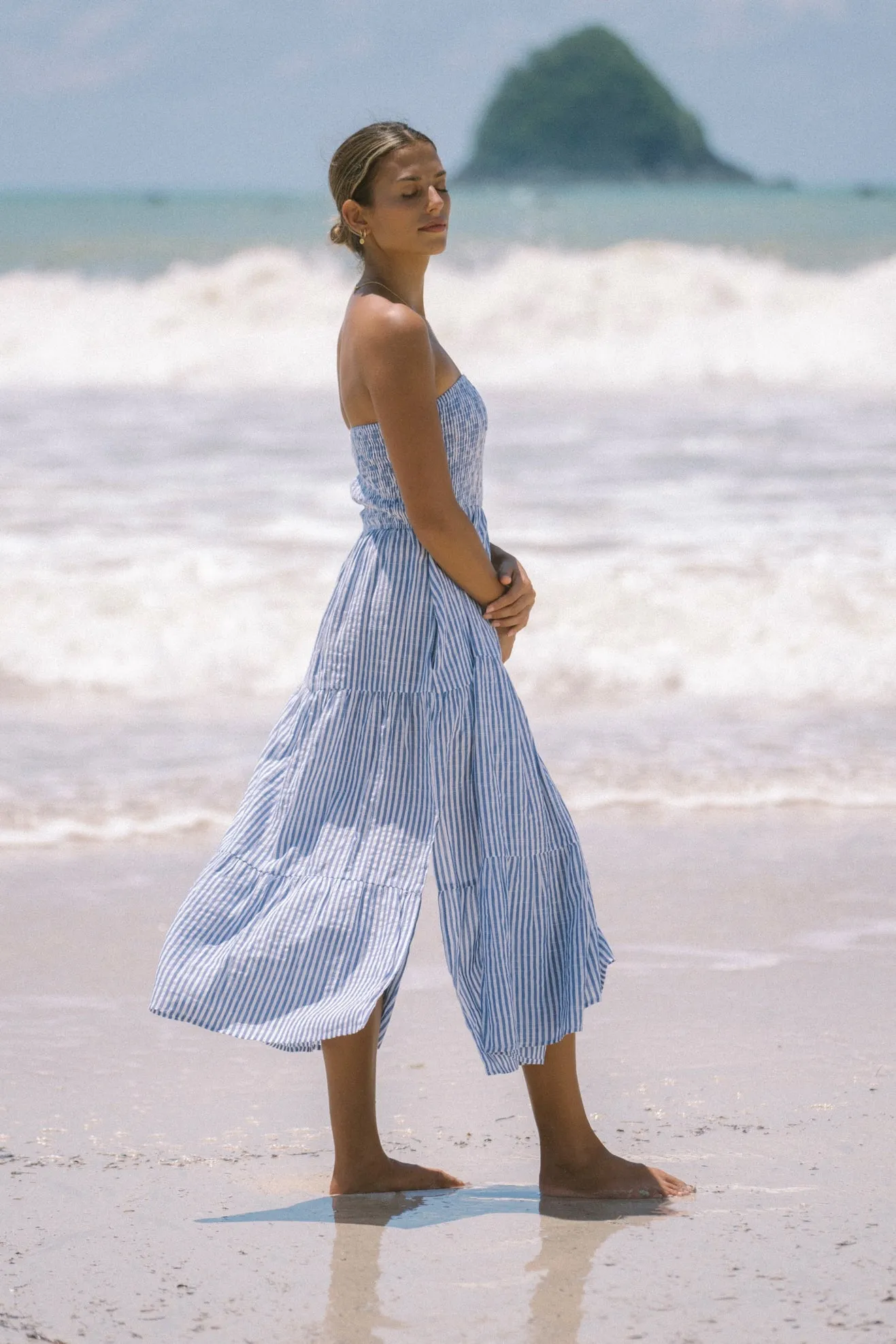 Riley Blue Stripe Strapless Midi Dress