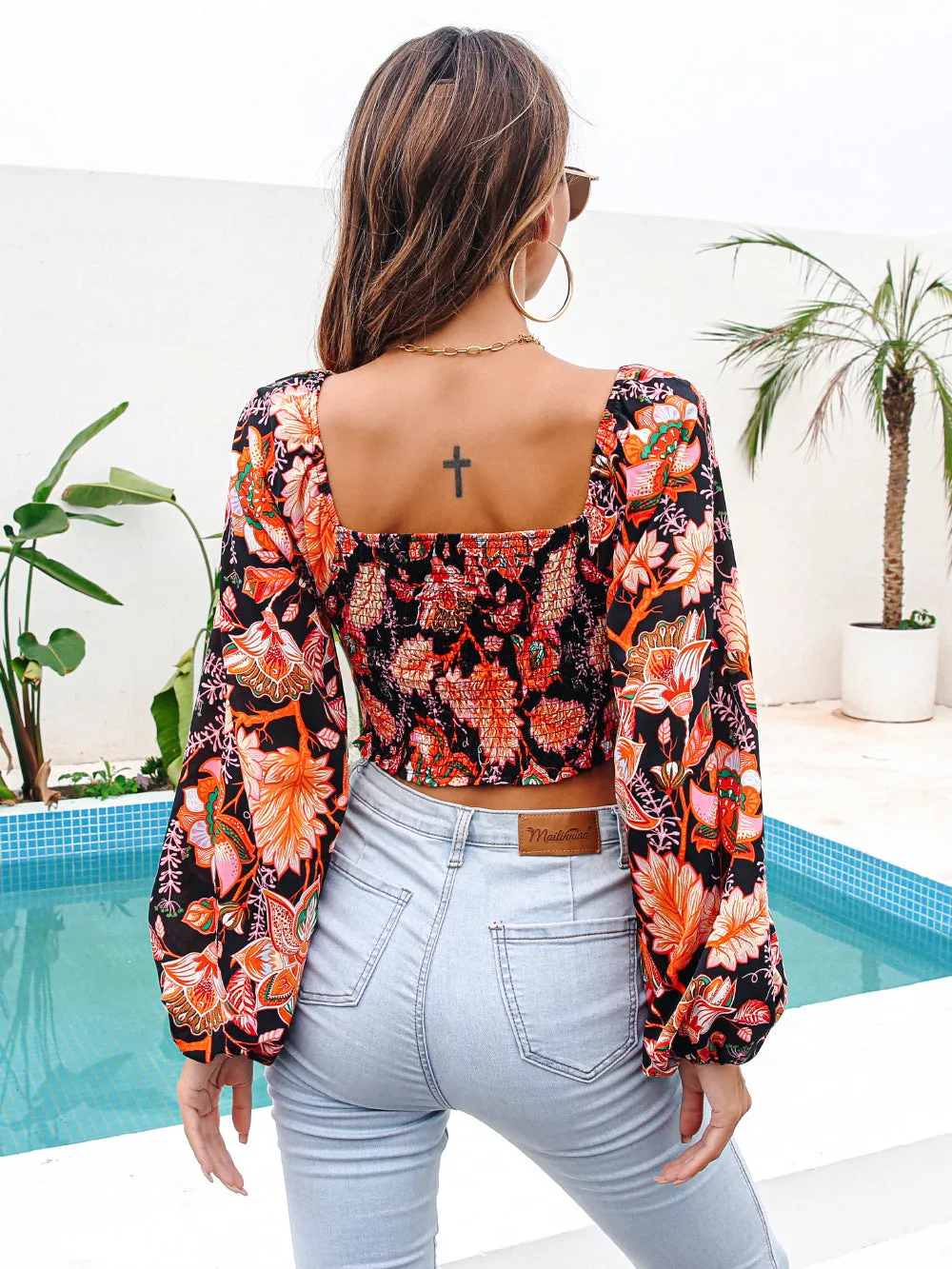 Spring and summer crossover V-neck print crop top chiffon