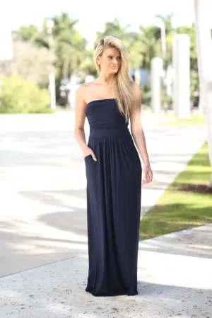 Strapless Navy Dress with Pockets