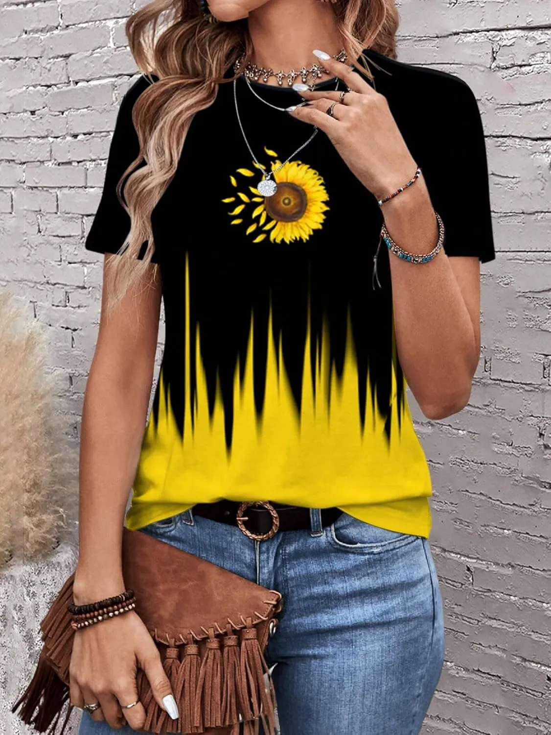 SweatyRocks Women's Sunflower Graphic T-Shirt Tie Dye Printed Short Sleeves Round Neck Casual Tee Shirts