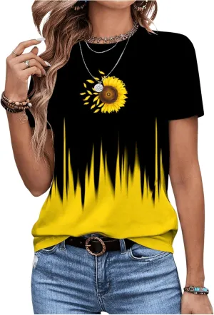 SweatyRocks Women's Sunflower Graphic T-Shirt Tie Dye Printed Short Sleeves Round Neck Casual Tee Shirts