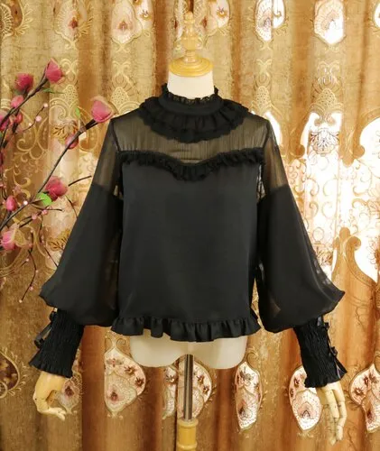 Sweet Lolita Chiffon Blouse Long Bishop Sleeves Illusion Neck Top