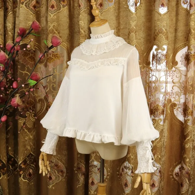 Sweet Lolita Chiffon Blouse Long Bishop Sleeves Illusion Neck Top