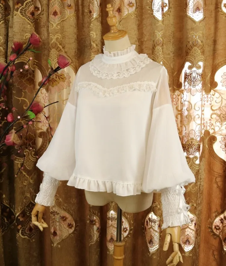 Sweet Lolita Chiffon Blouse Long Bishop Sleeves Illusion Neck Top