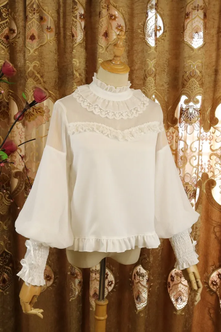 Sweet Lolita Chiffon Blouse Long Bishop Sleeves Illusion Neck Top