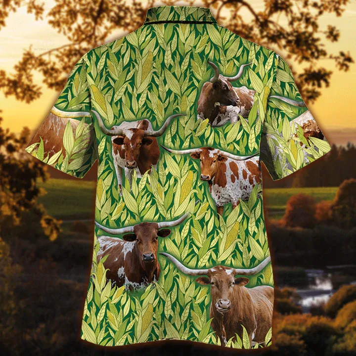 Tx Longhorn Cattle Lovers Corn Pattern Hawaiian Shirt, Cow lovers Short Sleeve Hawaiian Aloha Shirt