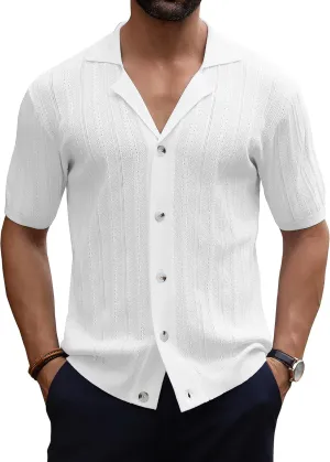 URRU Men's Knit Button Down Shirt Short Sleeve Vintage Polo Shirts Casual Summer Beach Tops